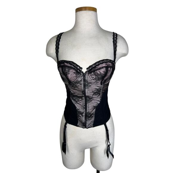 Jezebel Lust Bustier Lace Underwire Zip Front Garter Straps Black Pink Small - Picture 1 of 7
